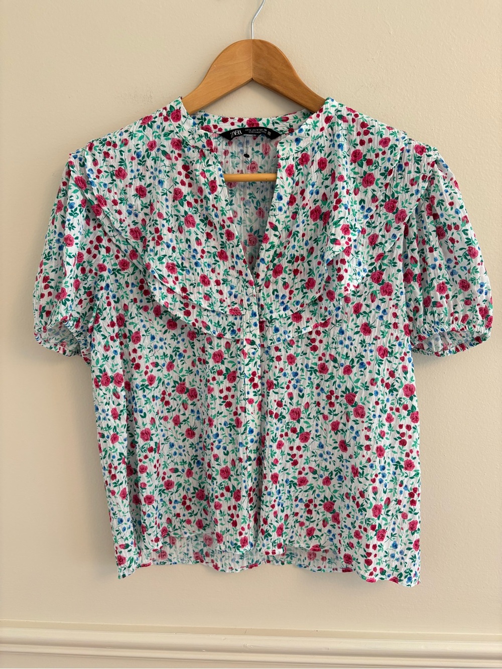 Zara White Blouse with Pink and Green Floral Print